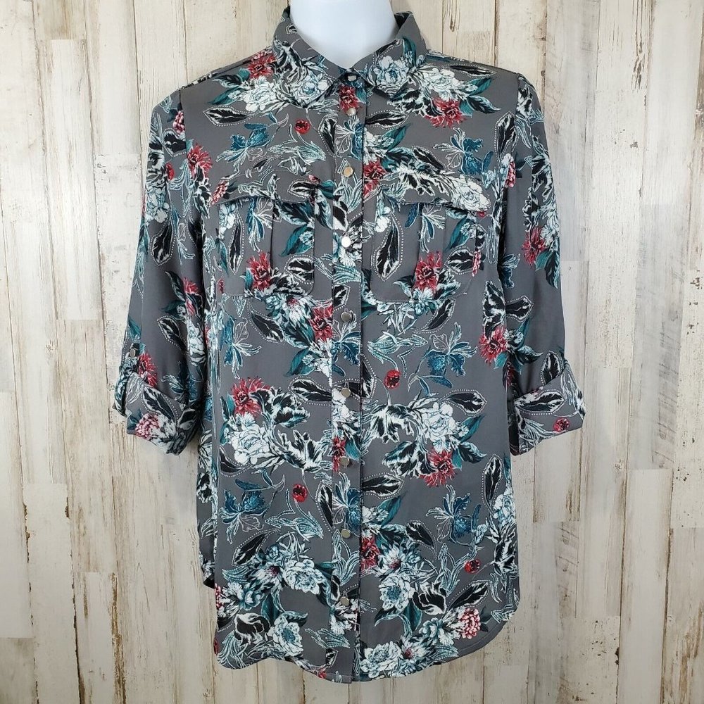 5/$25 GNW Womens Top S Gray Floral Print Button Front Roll Tab Sleeve AM10